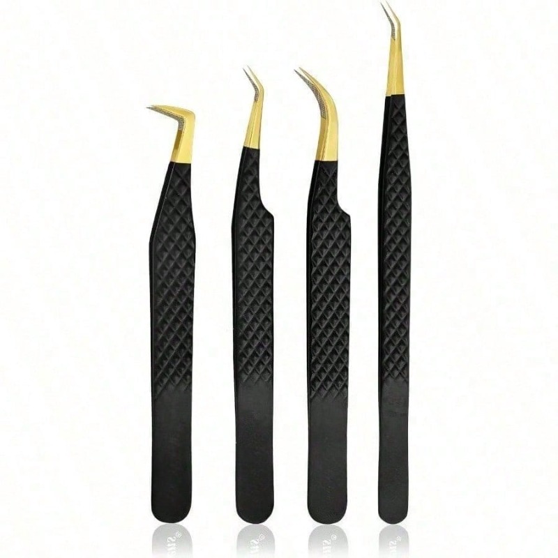 Lash Extension Tweezers - แหนบปลายไฟเบอร์สแตนเลสสีดำ 4 ชิ้น ด้ามจับเพชร แหนบต่อขนตาแบบมืออาชีพ เครื่องมือแต่งหน้าความแม่นยำสูง