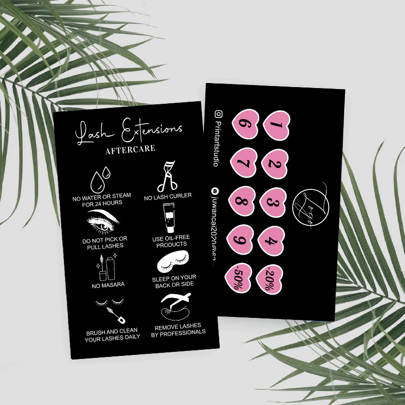 Eyelash Extension Logo Design - การ์ดคําแนะนําต่อขนตาแบบกําหนดเอง การ์ดสะสมคะแนนพร้อมโลโก้ ออกแบบการ์ด Aftercare ขนตารหัสส่วนลดนามบัตร