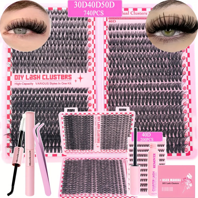 Lash Extension Tweezers - 740/200pcsCluster Eyelash Extension Kit, 2-in-1 Lash