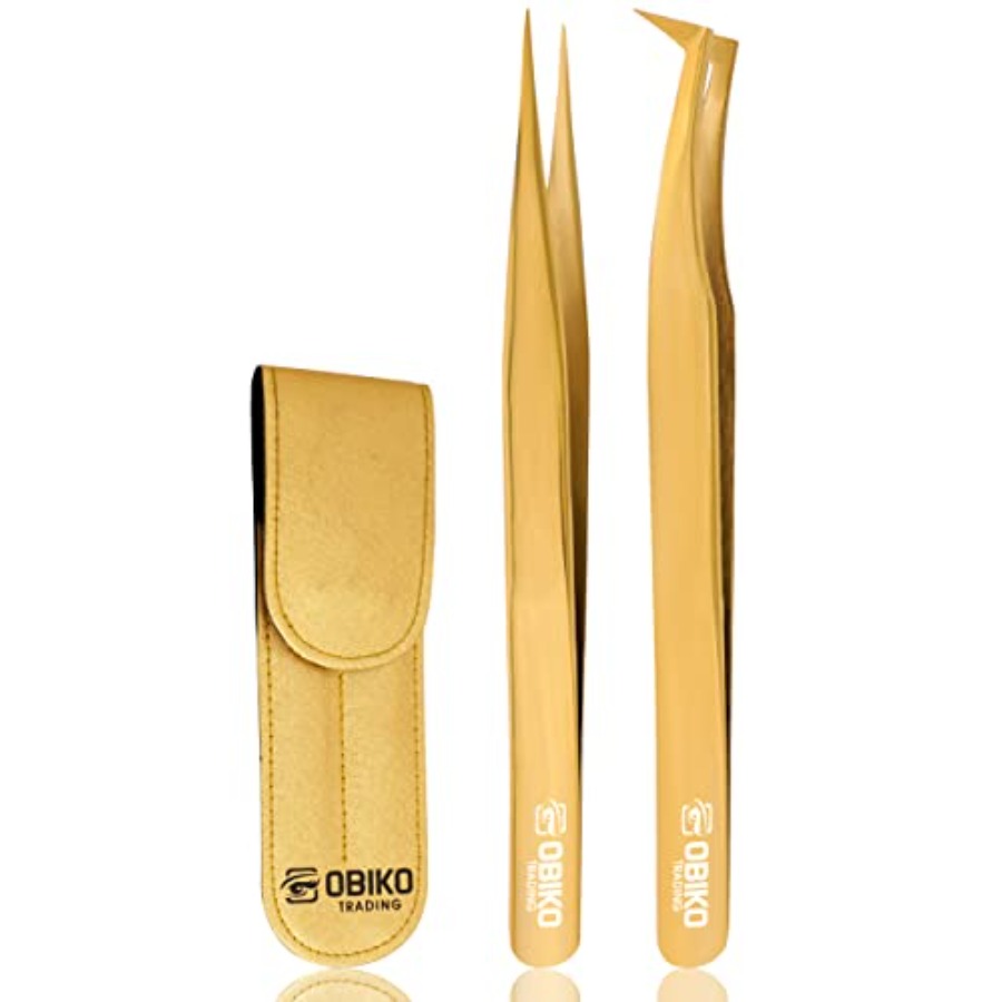 Lash Extension Tweezers - ชุดแหนบต่อขนตาโอบิโกะ 2 ชิ้น ชุดแหนบขนตาแบบตรงและโค้งสีทองสำหรับผู้หญิง เหมาะสำหรับการใช้งานที่แม่นยำ